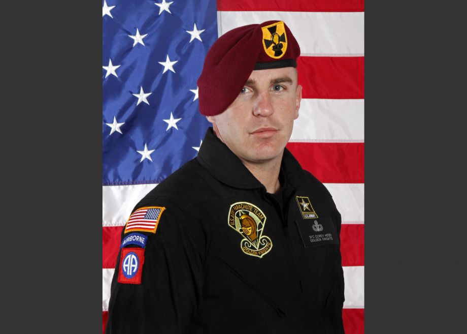 U.S. Army shows Sgt. 1st Class Corey Hood. A parachutist the Army Golden Knights Hood died Sunday after suffering severe injuries from an accident during a stunt on Saturday at the Chicago Air & Water Show the Cook Cou