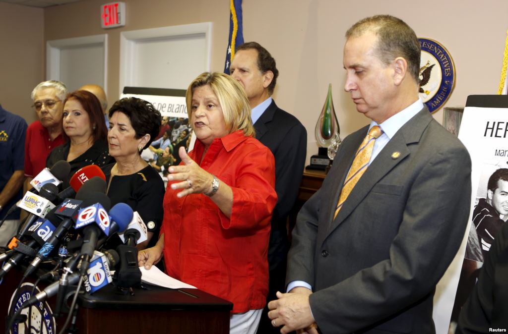 US Rep Ileana Ros Lehtinen speaks at a news conference at her office in Miami Florida