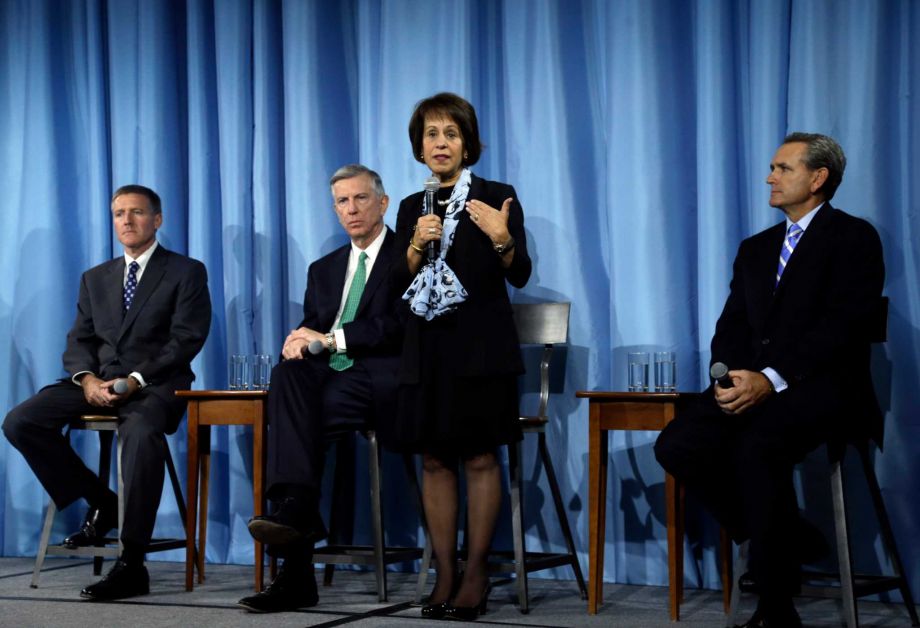 University of North Carolina Chancellor Carol Folt center addresses the media following a special joint meeting of the University of North Carolina Board of Governors and the UNC-Chapel Hill Board of Trustees