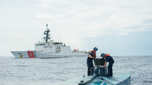 A Coast Guard Cutter Stratton boarding team opens the bridge of a self-propelled semi-submersible interdicted in international waters off the coast of Central America