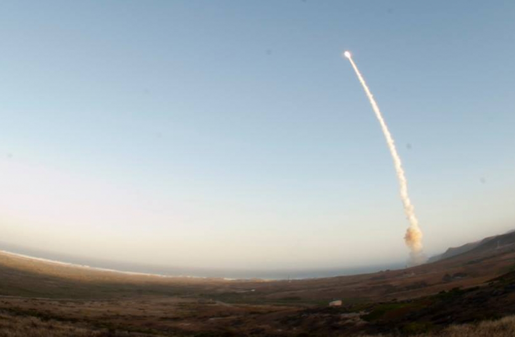 An image provided by Vandenberg Air Force Base shows an unarmed Minuteman III intercontinental ballistic missile being launched during an operational test Wednesday