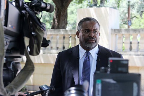 Vice President for Diversity and Community Engagement Gregory Vincent speaks to media at a June press conference held in front of the Jefferson Davis statue. Vincent addressed vandalism of Confederate statues