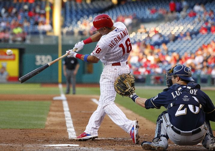 PHILADELPHIA PA- JUNE 29 Cesar Hernandez #16 of the Philadelphia Phillies hits an RBI double against the Milwaukee Brewers during the second inning of a MLB game at Citizens Bank Park