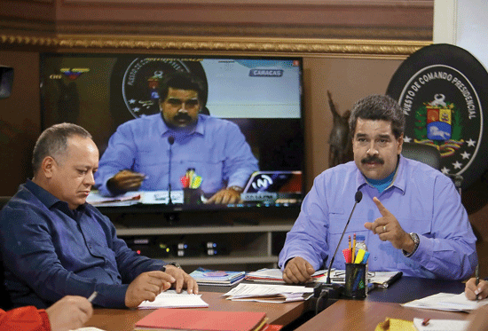 Venezuelan President Nicolas Maduro speaking during a meeting with members of his cabinet in Caracas