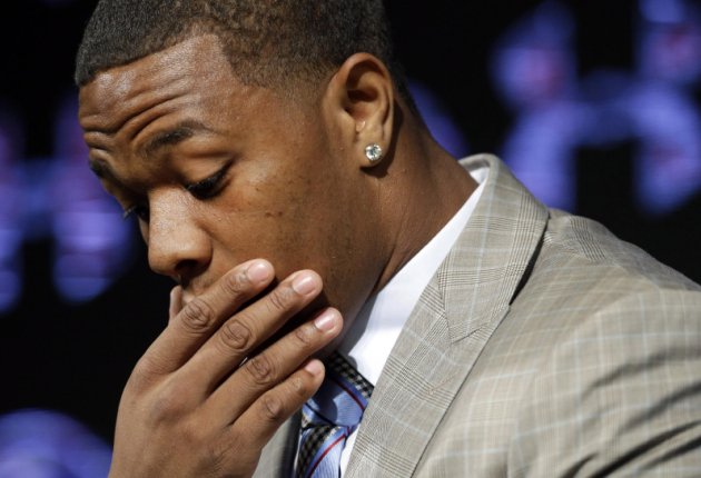 Baltimore Ravens running back Ray Rice pauses as he speaks during an NFL football news conference at the team's practice facility in Owings Mills Md