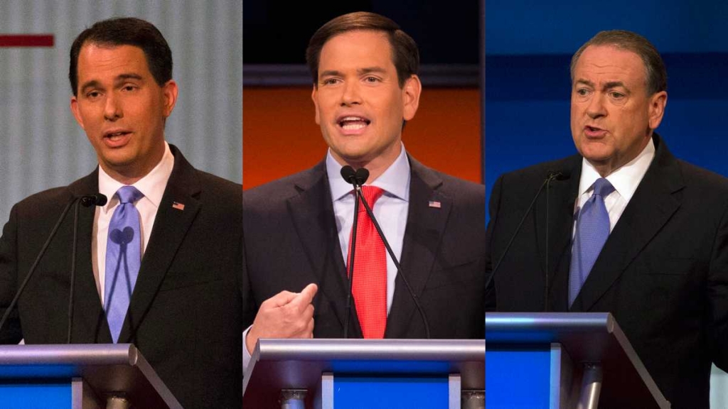 Republican presidential candidates Wisconsin Gov. Scott Walker Sen. Marco Rubio R-Fla. and former Arkansas Gov. Mike Huckabee