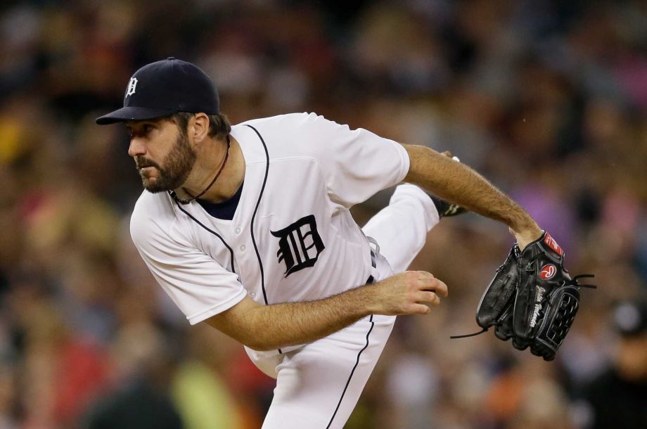 Detroit Tigers starting pitcher Justin Verlander throws during the fifth inning of a baseball game against the Los Angeles Angels Wednesday Aug. 26 2015 in Detroit