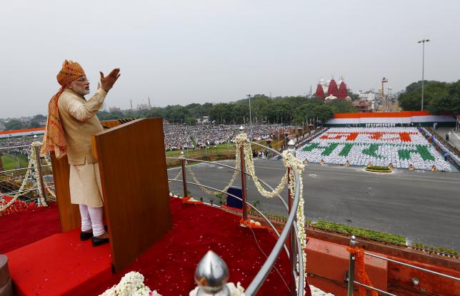 Prime Minister Narendra Modi addresses the nation from the historic Red Fort during Independence Day celebrations in Delhi India