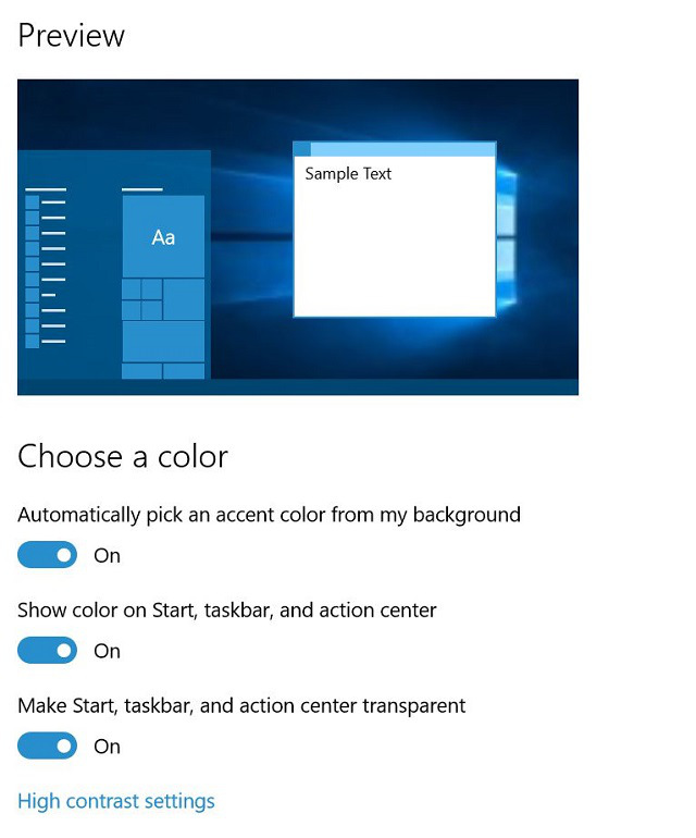 Windows 10 build 10525 Color Options