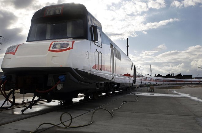 A new Wisconsin train from Talgo sat on the track at the Milwaukee manufacturing facility where trains are assembled in 2012. The Talgo trains left the state last year