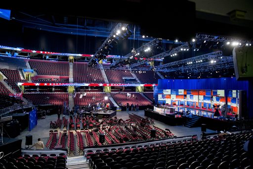 Workers make final preparations at the Quicken Loans Arena in Cleveland Thursday Aug. 6 2015 for tonight's first Republican presidential debate