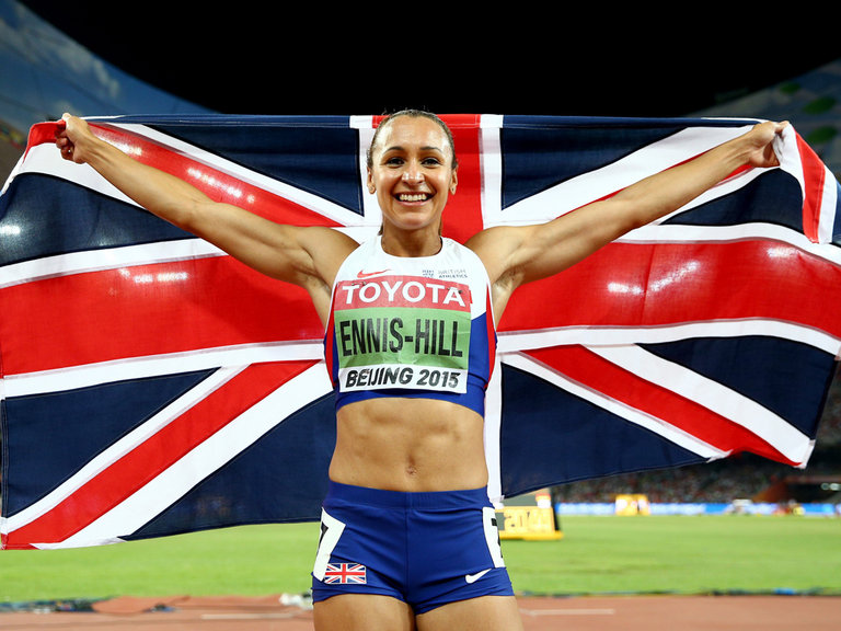 Jessica Ennis Hill of Great Britain celebrates after winning the Heptathlon