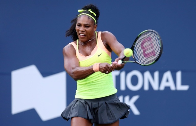 Serena Williams of the US plays a shot against Flavia Pennetta of Italy during round two of the Rogers Cup at the Aviva Centre in Toronto Canada on August