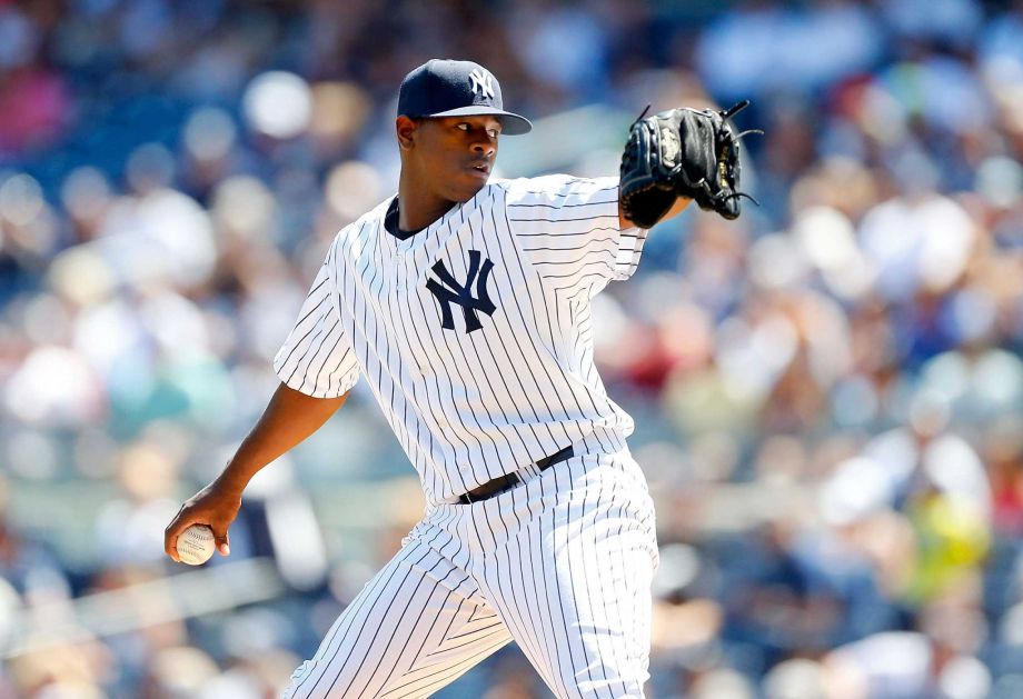 NEW YORK NY- AUGUST 22 Luis Severino #40 of the New York Yankees pitches in the first inning against the Cleveland Indians at Yankee Stadium