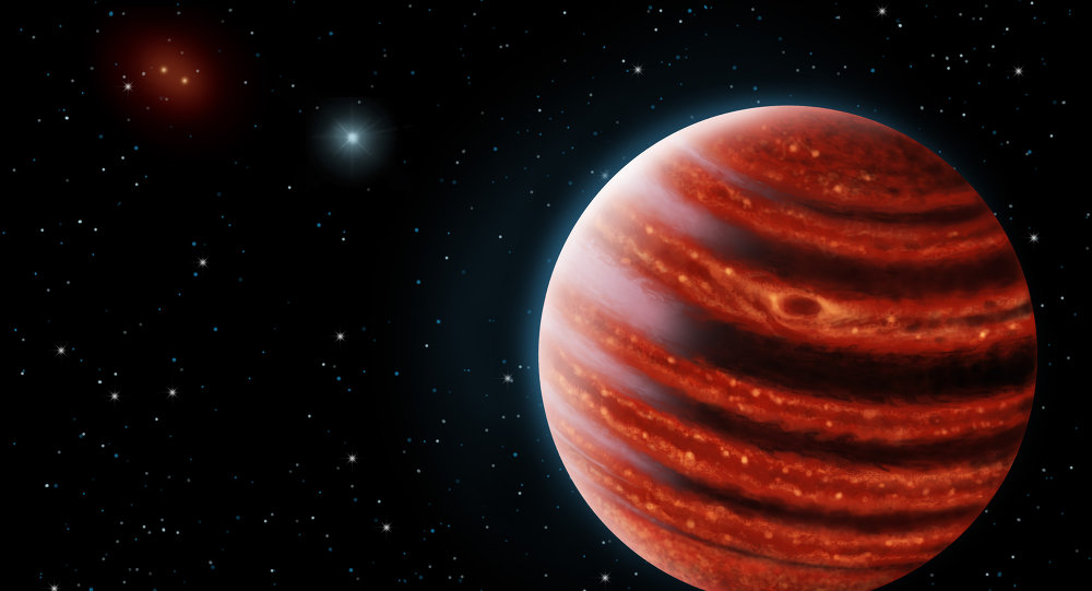 An artistic conception of the Jupiter-like exoplanet 51 Eri b seen in the near-infrared light that shows the hot layers deep in its atmosphere glowing through clouds