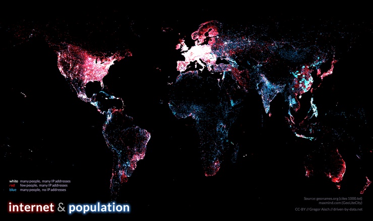 A heat map showing parts of the world with many people but no IP addresses. CC-BY|Gregor Aisch