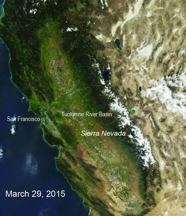 A satellite image of the 2015 snow pack in the Sierras