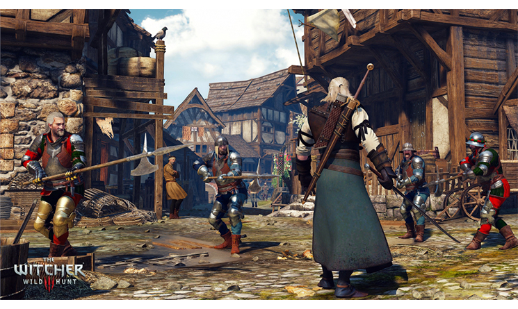 A scene from the Witcher 3 pitting Geralt against a town's militia