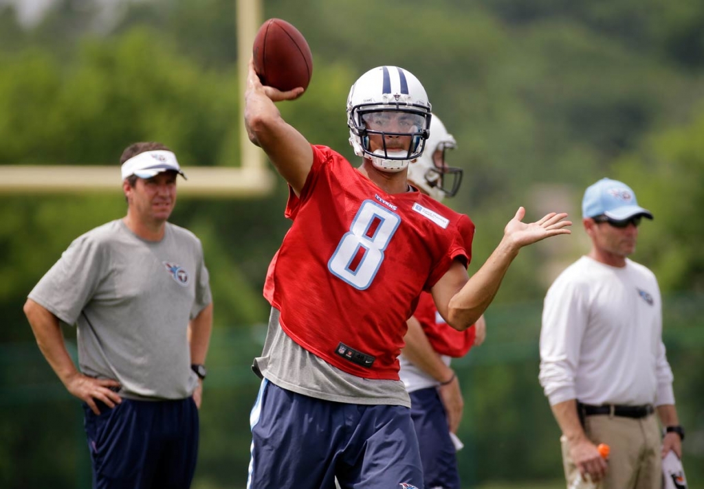 Tennessee Titans quarterback Marcus Mariota passes during the NFL football team's minicamp in Nashville Tennessee