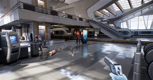 This video game image released by Epic Games shows a scene from'Bullet Train' where users can teleport across a train station shoot baddies bend time and catch bullets