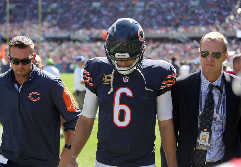 Chicago Bears quarterback Jay Cutler leaves the field getting injured during the second quarter of an NFL football game against the Arizona Cardinals Sunday Sept. 20 2015 in Chicago. MANDATORY CREDIT MAGS OUT