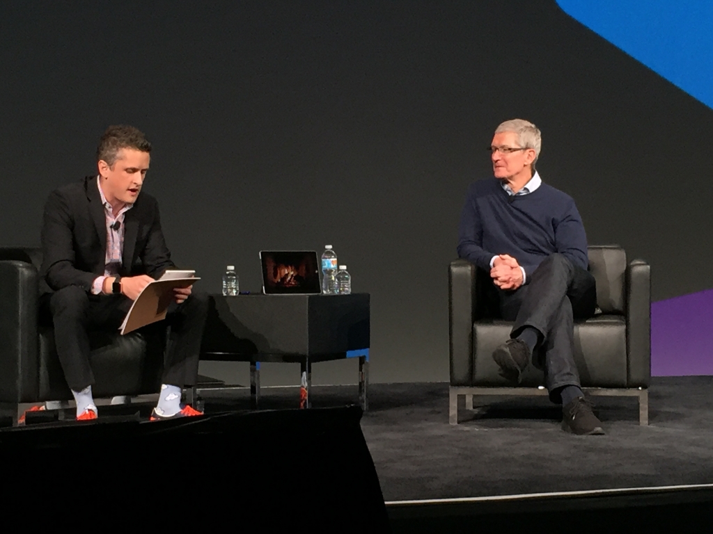 Apple chief executive Tim Cook speaks with Box cofounder and CEO Aaron Levie at Box Works 2015 on September 29