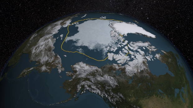 The 2015 Arctic sea ice summertime minimum is 1.8 million square kilometres below the 1981-2010 average shown here as a gold line