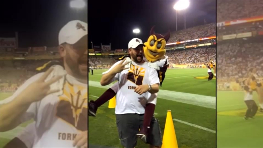 Arizona State mascot leaps aboard back of city councilman, sends him back to