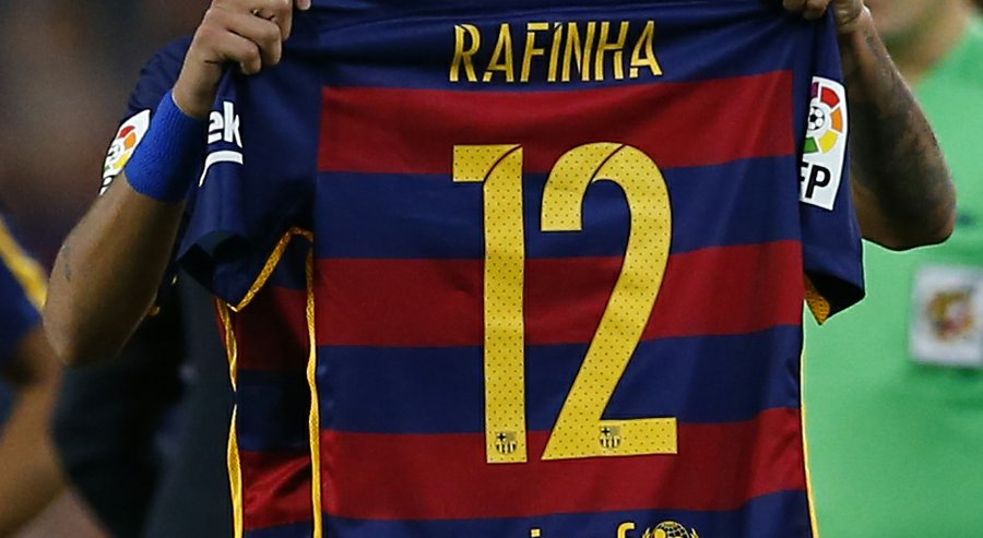 FC Barcelona's Neymar holds the shirt of his teammate Rafinha after scoring against Levante during a Spanish La Liga soccer match at the Camp Nou stadium in Barcelona Spain Sunday Sept. 20 2015