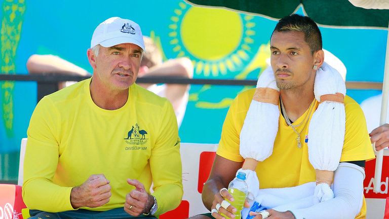 Australia's Davis Cup team captain Wally Masur talks to Nick Kyrgios