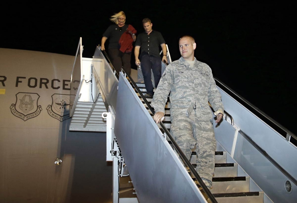 U.S. Air Force Airman 1st Class Spencer Stone one of three Americans that tackled a heavily armed gunman on a Paris-bound train arrives at Travis Air Force Base in Fairfield Calif. Thursday Sept. 3 2015