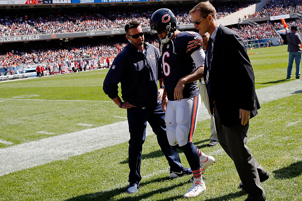 Jay Cutler #6 of the Chicago Bears walks off the field with an injury after giving up an interception for a touchdown against the Arizona Cardinals during the second quarter at Soldier Field