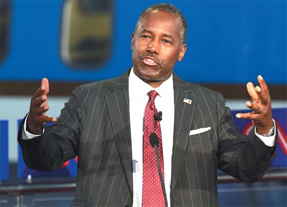 GAINING GROUND Republican presidential hopeful retired neurosurgeon Ben Carson gestures while speaking during the Republican presidential debate at the Ronald Reagan Presidential Library in Simi Valley California on September 16. Carson has quietly pick