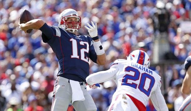 Sep 20 2015 Orchard Park NY USA New England Patriots quarterback Tom Brady throws a pass as Buffalo Bills free safety Corey Graham rushes during the first quarter at Ralph Wilson Stadium. Mandatory Credit Kevin Hoffman-USA TODAY Sports