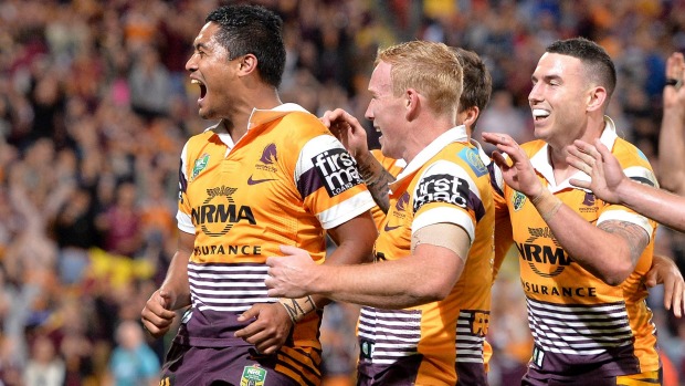 Celebrations Anthony Milford scores a try during the NRL First Preliminary Final match between the Brisbane Broncos and the Sydney Roosters at Suncorp Stadium