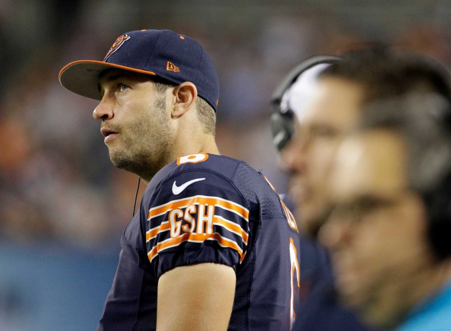 Chicago Bears quarterback Jay Cutler watches from the sideline during the first half of an NFL preseason football game against the Cleveland Browns Thursday Sept. 3 2015 in Chicago
