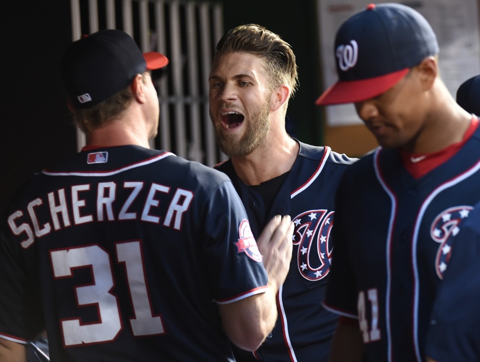 Bryce Harper and Max Scherzer in the dugout