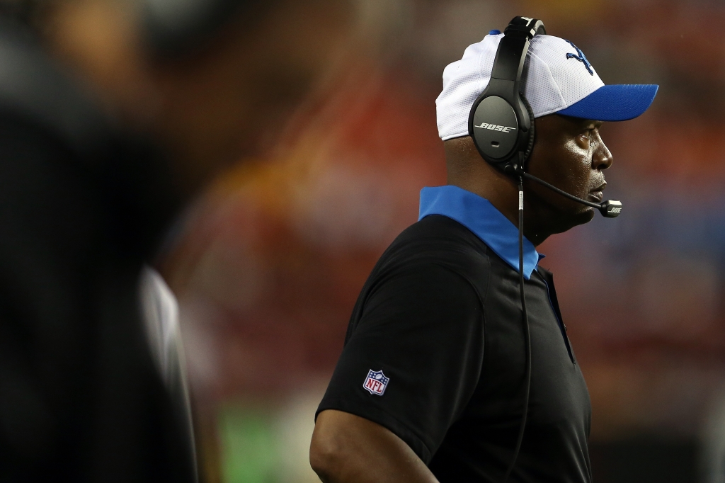 LANDOVER MD- AUGUST 20 Head coach Jim Caldwell of the Detroit Lions looks on during a preseason game against the Washington Redskins at Fed Ex Field