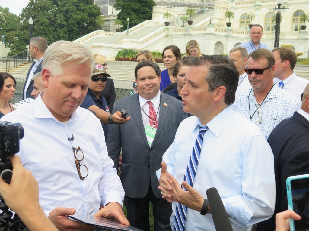 Sen. Ted Cruz speaks with conservative Glenn Beck during the anti Iran deal rally at the U.S. Capitol on Sept. 9 2015. Behind them is Rep. Blake Farenthold R Corpus Christi