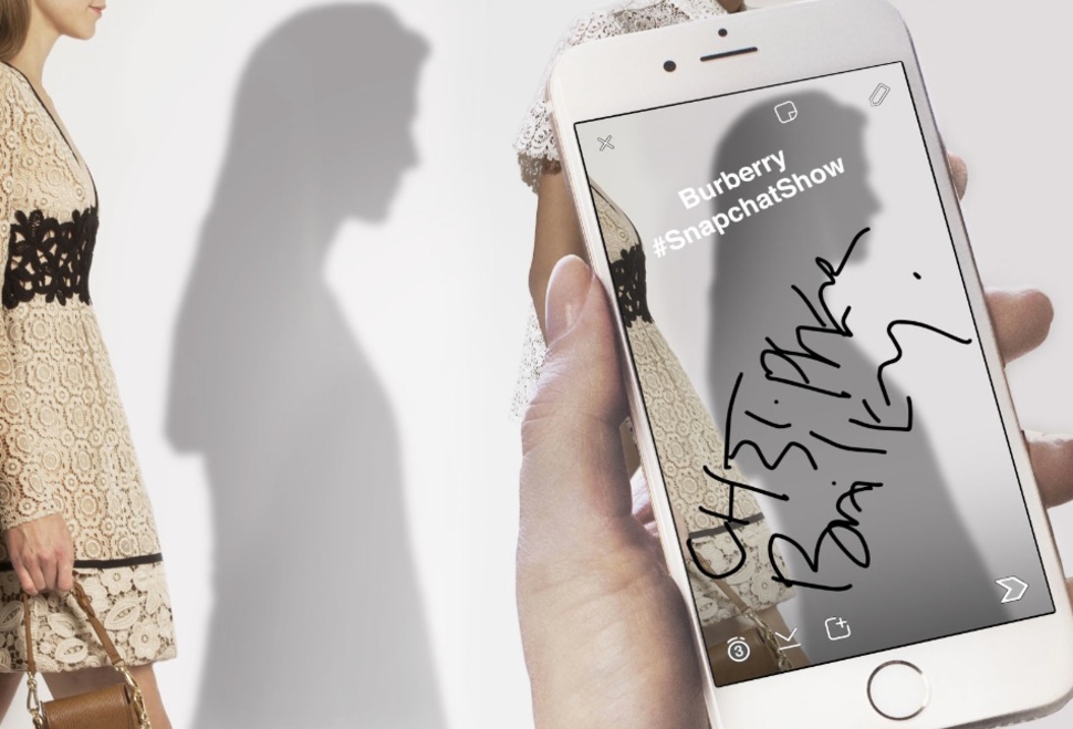 Burberry		Burberry is using Snapchat to debut its next fashion collection before the runway	
			Facebook	Twitter	Pintrest	Linked In	Google+	Mail	
	Comment