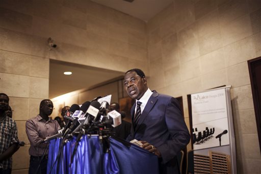 Sept. 19 2015 Benin President Thomas Boni Yayi speaks to media as he had talks with Gen. Gilbert Diendere who was named leader of Burkina Faso on Thursday in Ouagadougou Burkina Faso. West African mediators late Satu