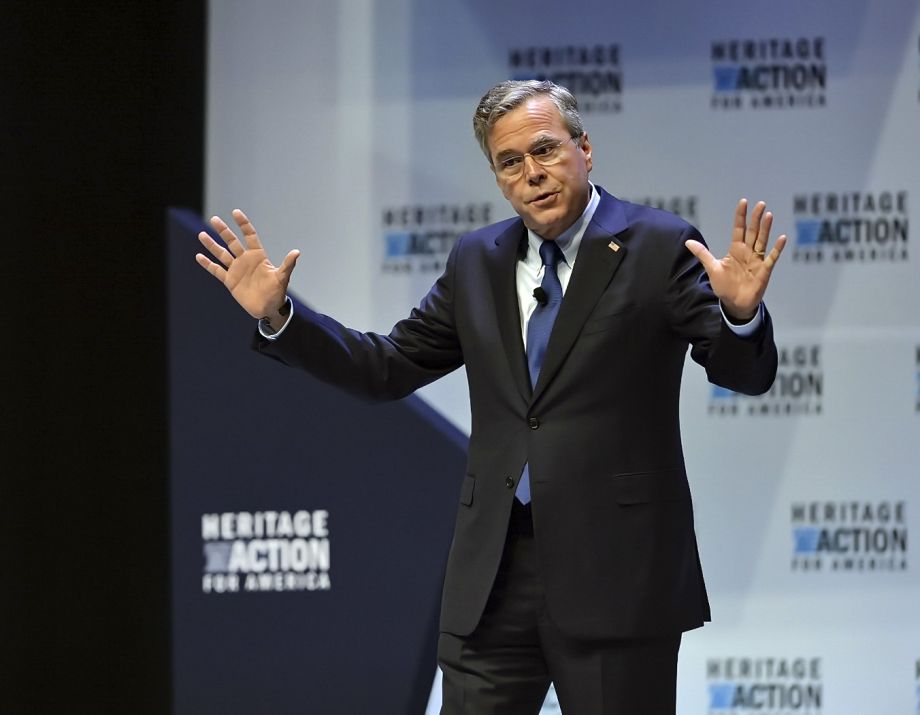 Republican presidential candidate and former Florida Gov Jeb Bush arrives in Mackinac Island Michigan for the 2015 Mackinac Republican Leadership Conference on Friday