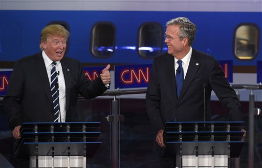 Republican presidential candidate former Florida Gov. Jeb Bush right watches as Donald Trump speaks during the CNN Republican presidential debate at the Ronald Reagan Presidential Library and Museum on Wednesday Sept. 16 2015 in Simi Valley Calif