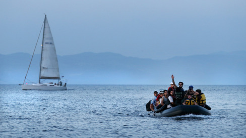 A group of Syrians cross the Mediterranean Sea near the island of Lesvos Greece on Sept. 11