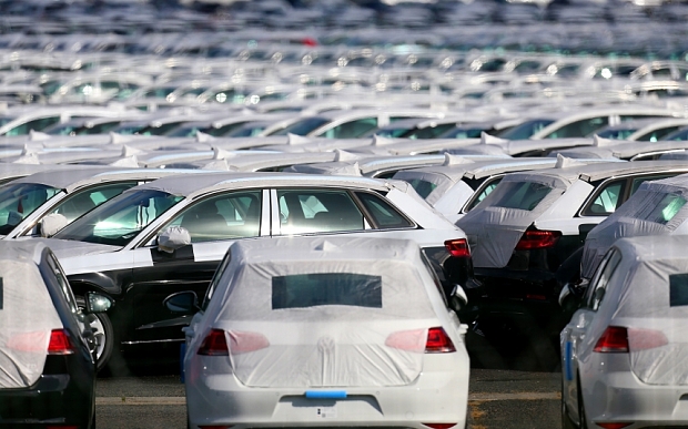 Cars parked at the logistics park of German auto giant Volkswagen in Villers Cotterets in Northern France