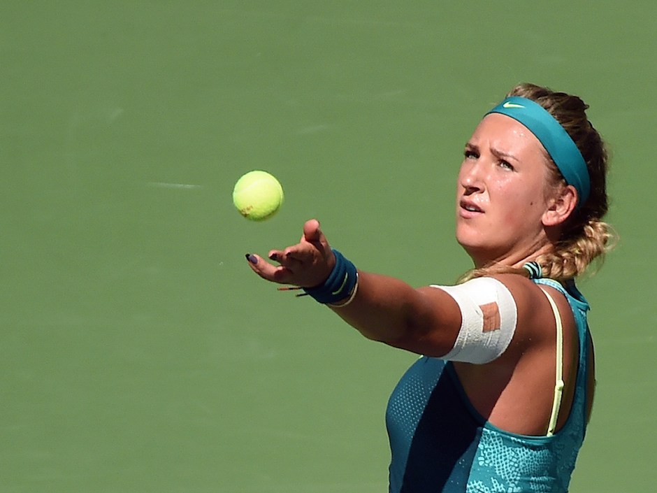 Victoria Azarenka serves the ball to Varvara Lepchenko during their fourth-round match at the U.S. Open