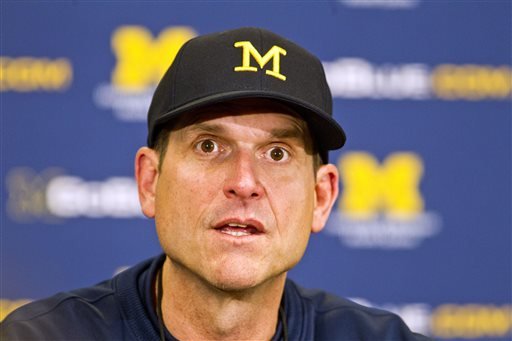 Michigan head coach Jim Harbaugh answers questions during a press conference after their spring NCAA college football game in Ann Arbor Mich. The Jim Harbaugh hype train has reached its destination in Salt Lake C