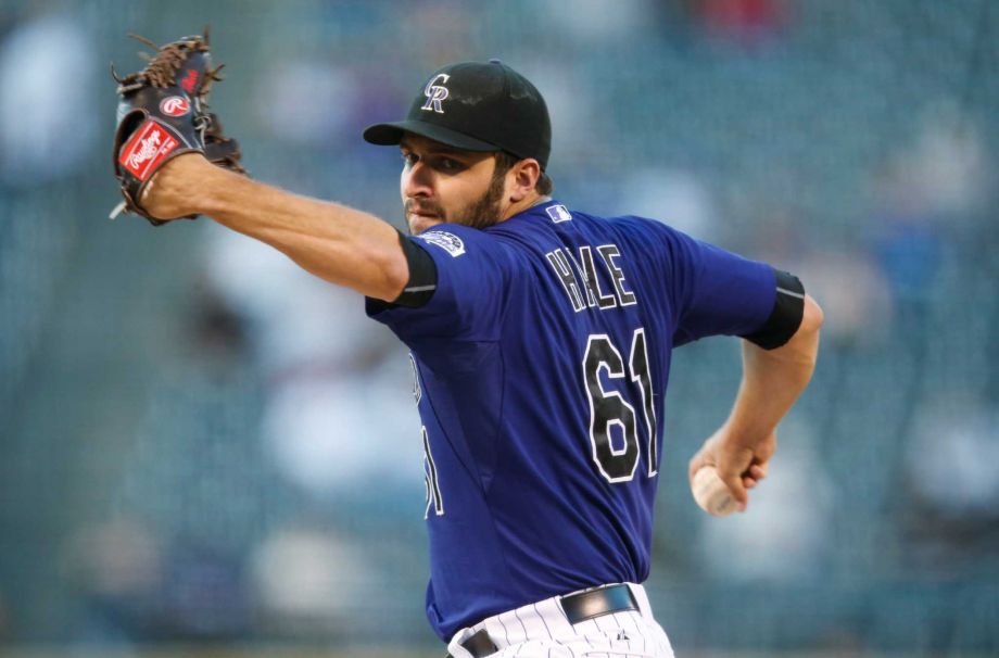 Colorado Rockies starting pitcher David Hale works against the Los Angeles Dodgers duirng the first inning of a baseball game Friday Sept. 25 2015 in Denver