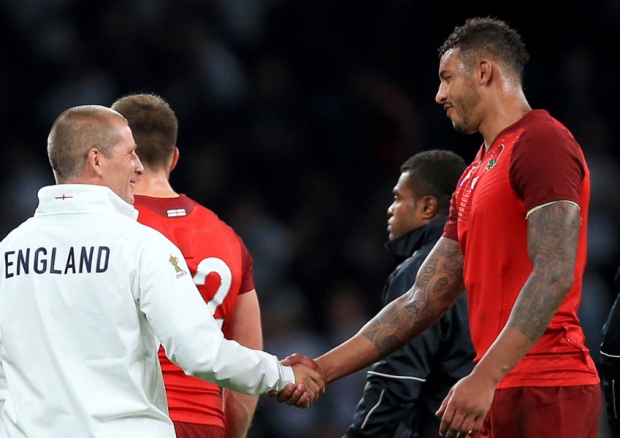 Courtney Lawes gets a shake of the hand from England head coach Stuart Lancaster after the win against Fiji