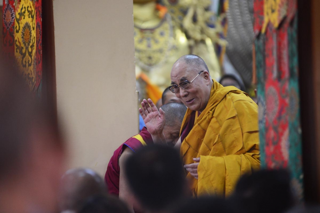 The Dalai Lama greets his followers ahead of a teaching session at Tsuglakhang temple in Mc Leod Ganj India on 13 September 2015